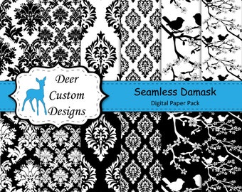 Damask Digital Paper Pack | 12 Black & White Damask Digital Scrapbook Papers | Instant Download | Commercial Use | Damask Digital Paper