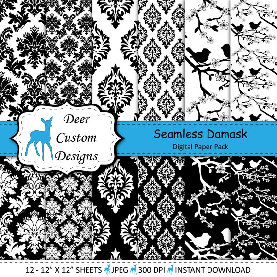 Damask Digital Paper Pack 12 Black & White Damask Digital Scrapbook