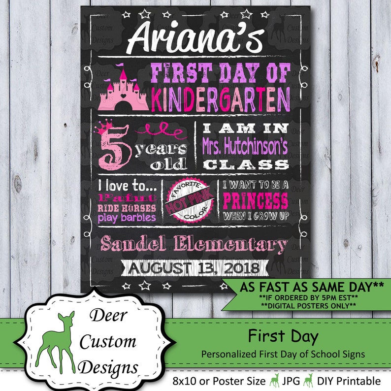 Back to School Sign First Day School Sign Printable or Printed Chalkboard First Day Poster First Day of Kindergarten Any Grade Princess