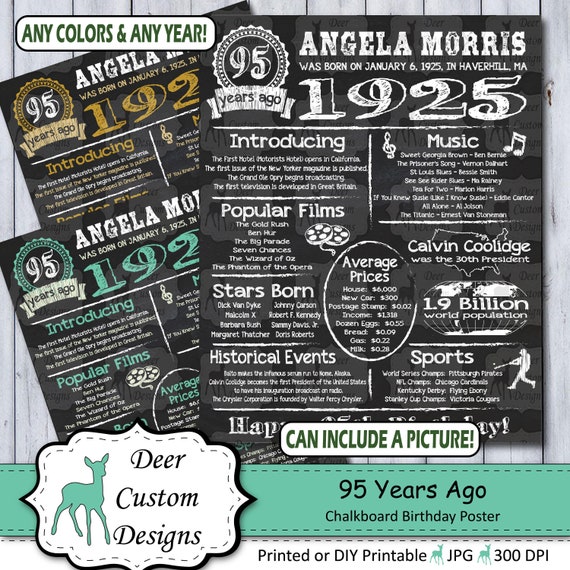95th Birthday Chalkboard Poster | 95 Years Ago Birthday Sign | 1925 Year You Were Born Poster | Printable or Printed Il_570xn