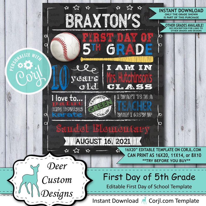 Back to School Sign Editable Template Baseball First Day 5th Grade Printable Chalkboard Poster Corjl Instant Download Template Fifth image 1