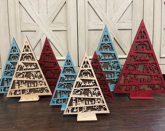 Nativity Tree Home Decor Christmas Decoration, Wooden Freestanding Nativity Scene on Christmas Tree Shape, Handcrafted Table Top Unique Gift