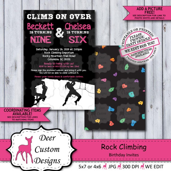 Rock Climbing Birthday Invitation | Boy, Girl, or Twin Indoor Climbing Birthday Invite | Mountain Climbing Adventure Printable or Printed Il_570xn