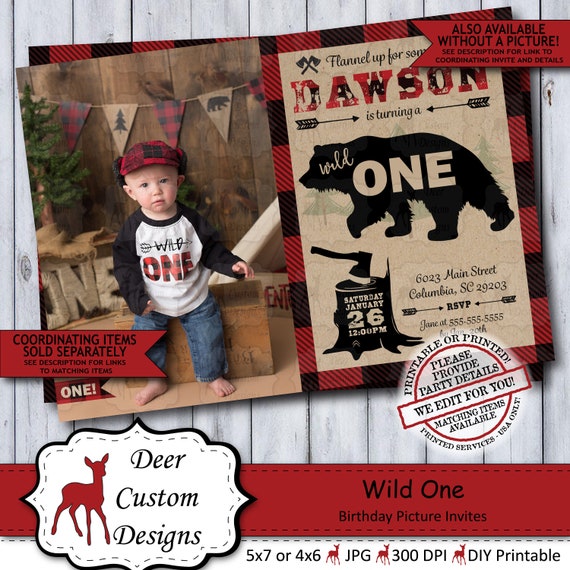 Wild One Lumberjack Photo 1st Birthday Invitation | Rustic Woodland Plaid Flannel First Birthday Invite for a Boy | Printable or Printed Il_570xn