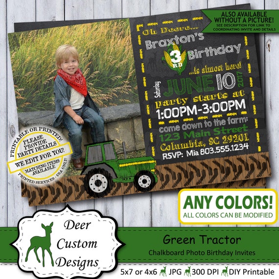 Green Tractor Birthday Photo Invitation | Farm Chalkboard Photo Birthday Invite | Deere Birthday Party | Printable or Printed Farmer John Il_570xn