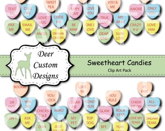 Valentines Sweetheart Candy Digital Clipart Pack | 50 Heart Candies PNG Clip Art | Commercial Use | Conversation Hearts Candy Clip Art