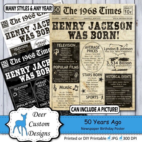 50th Birthday Poster | 50th Anniversary Poster | Newspaper Poster | 50 Years Ago Sign | Birthday Sign | Anniversary Sign | Printable | 1968 Il_570xn