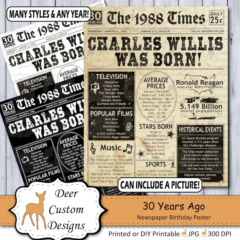 May include: A black and white newspaper-style birthday poster with the headline "The 1988 Times" and the subheading "Charles Willis Was Born!" The poster includes a variety of facts and events from 1988, including popular television shows, movies, music, and historical events. The poster is designed to look like a vintage newspaper and is perfect for celebrating a 30th birthday.