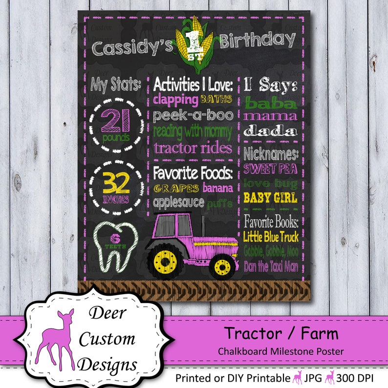 Farm 1st Birthday Chalkboard Poster Pink Tractor First Birthday Chalkboard Poster Girl Birthday Chalkboard Poster Milestone Poster image 1