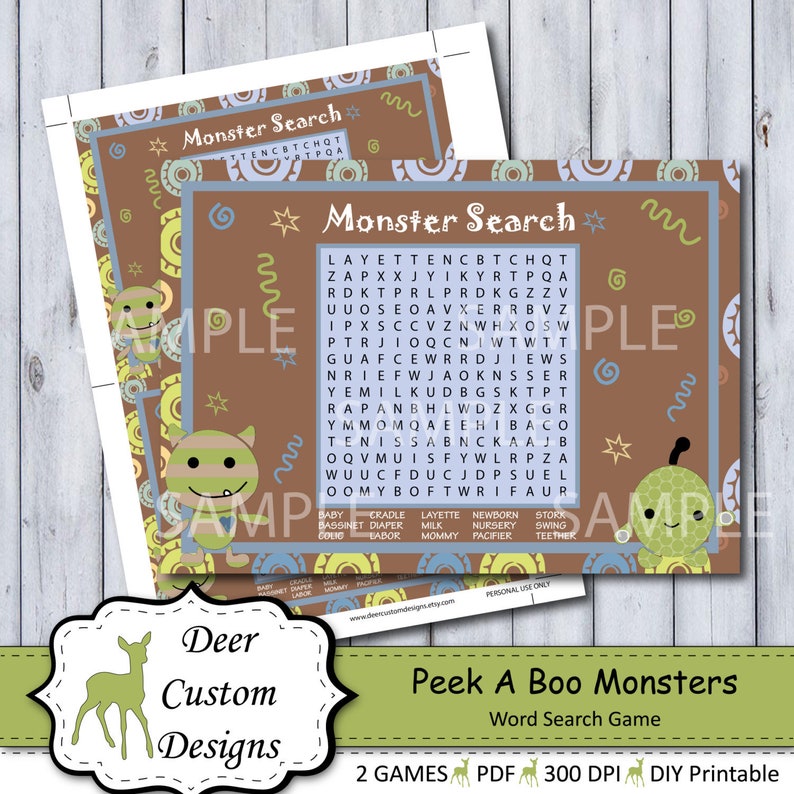 Peek A Boo Monster Word Search Shower Game Peek A Boo Monster Nursery by Cocalo DIY Printable Personal Use Only Instant Download image 1