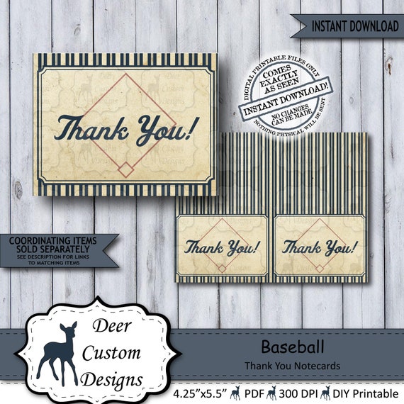 Vintage Baseball Thank You Note Cards | Blank Birthday Notecards | Boy Baby Shower Folded Stationery | Sports Printable Instant Download Il_570xn
