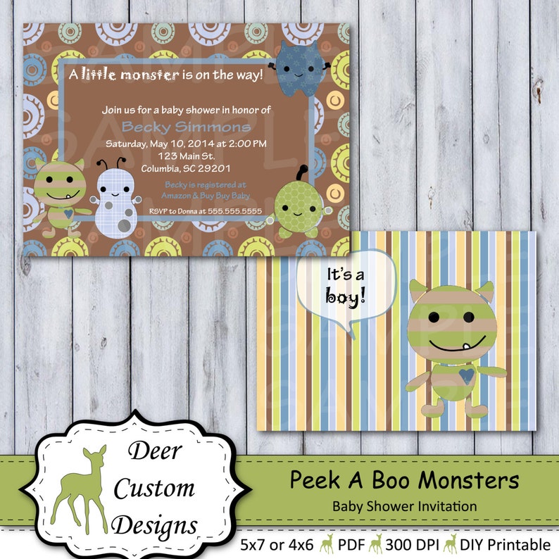 Custom Peek A Boo Monster Baby Shower Invitation Peek A Boo Monster Nursery by Cocalo Printable or Printed Personal Use Only image 1