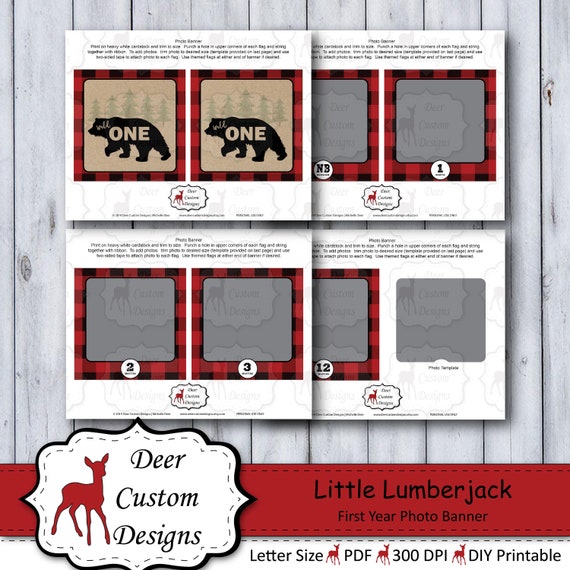 Wild One 1st Birthday Photo Banner | Rustic Woodland Plaid Flannel Boy First Birthday Banner | Lumberjack Monthly Milestone Banner Printable Il_570xn