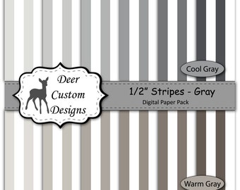 1/2" Stripes Digital Paper Pack | Pack of 12 Warm and Cool Gray Striped Scrapbook Paper | Instant Download | Commercial Use
