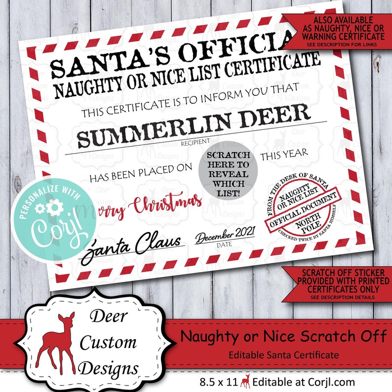 Santa Claus Official Naughty or Nice List Scratch Off Certificate, Personalized Santa Mail Corjl Template, Editable Digital Printable image 1