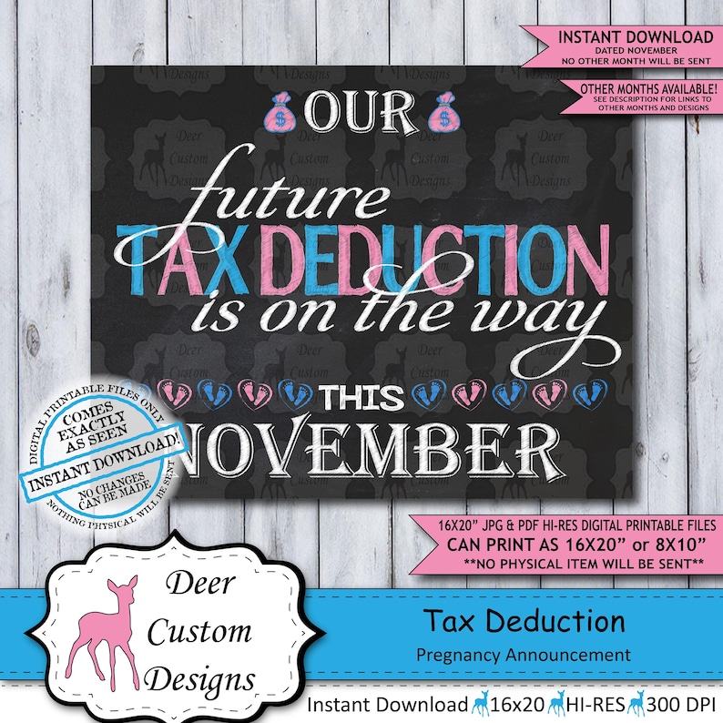 Tax Deduction Chalkboard Pregnancy Announcement Photo Prop Tax Season Baby Reveal Printable Poster November Instant Download Sign