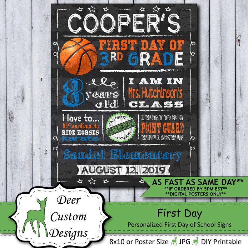 Back to School Sign First Day School Sign Printable or Printed Chalkboard First Day Poster First Day of Kindergarten Any Grade Basketball