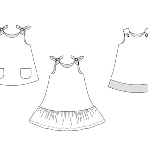 May include: Three different styles of sleeveless dresses for children. The first dress has a tie at the shoulders and two pockets. The second dress has a ruffle at the bottom. The third dress has a simple design with a band at the bottom.
