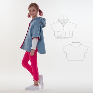 May include: A blue hooded poncho with pink polka dots and a white lining. The poncho has two pockets on the front. A child is wearing the poncho and pink leggings.