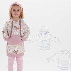 May include: A white and pink hooded sweatshirt with a floral print and a large front pocket. The sweatshirt has a drawstring hood and long sleeves.