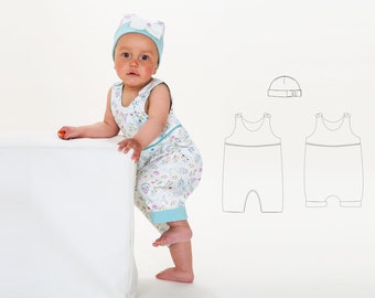 Baby/toddler short romper and hat sewing pattern pdf. Sizes 1M-3Y