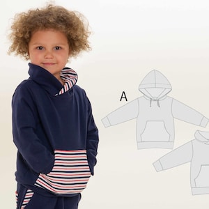 Kids Hoodie Sewing Pattern | PDF Pullover with shawl collar or hood | Sizes 12m–11y | Unisex Sweatshirt for Boys & Girls |