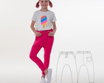 Cartamodello pantaloni harem per bambini DADO taglie 92-146, pantaloni da jogging ebook pdf da Patternforkids