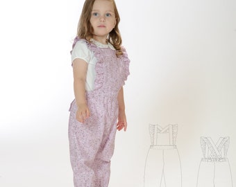 Dungaree jumpsuit with ruffles for girls, sizes 6m-7y, sewing pattern pdf. by Patternforkids