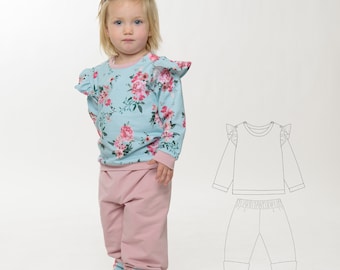 Conjunto de patrones de costura de sudadera con volantes y pantalón reversible para niña SOPHIE, tallas: 50-104, ebook PDF de Patternforkids