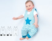 Baby dungaree sewing pattern pdf for boys girls with knitted cuffs, lined and reversible. Jumpsuit overall ALBERTO by Patternforkids