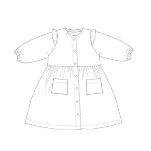 Girls Dress Sewing Tutorial Digital Download PDF Pattern Beginner Guide Complete Instructions Multiple Sizes Available Button Front Design Ruffle Bodice Detail Gathered Skirt Style Photo Steps Included Easy Learning Resource Seasonal