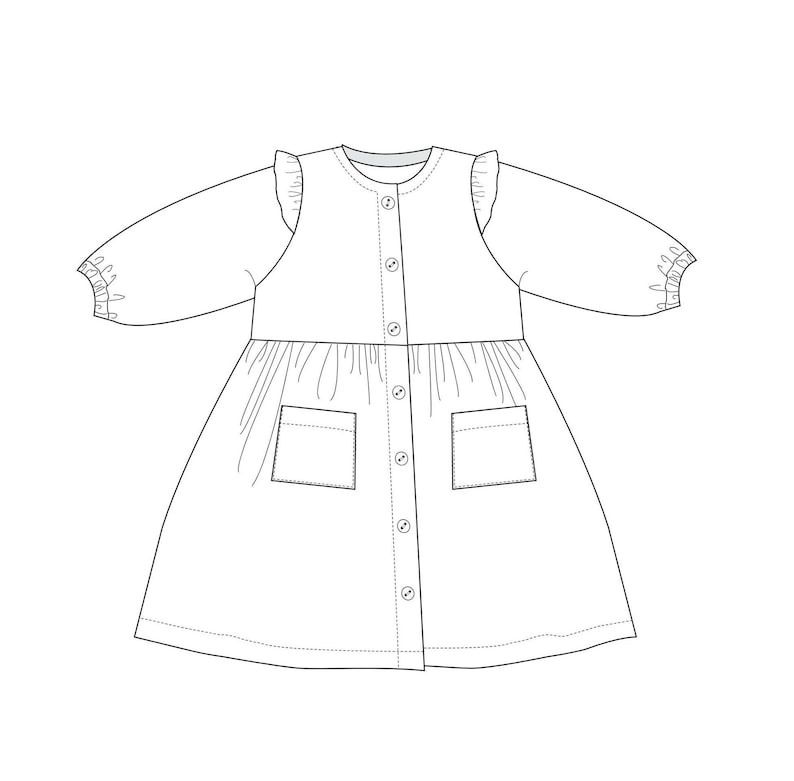 Girls Dress Sewing Tutorial Digital Download PDF Pattern Beginner Guide Complete Instructions Multiple Sizes Available Button Front Design Ruffle Bodice Detail Gathered Skirt Style Photo Steps Included Easy Learning Resource Seasonal