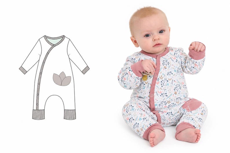 Baby Strampler Schnittmuster PDF mit asymmetrischer Druckknopfleiste und langen Ärmeln; technische Schnittzeichnung links, rechts Baby im geblümten Strampler auf weißem Hintergrund.