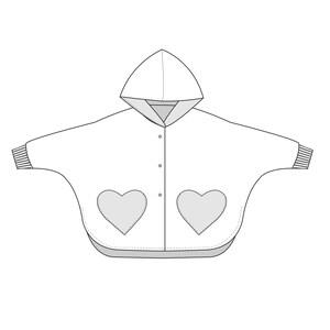 Technische Schnittzeichnung, klarer Plan für Kapuze, Taschen und Bündchen, PDF Nähanleitung Poncho