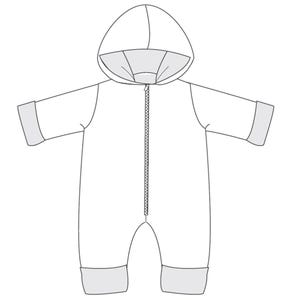 Technische Schnittzeichnung des Kapuzenoveralls, lange Front-Zip und Bündchen skizziert, baby overall schnittmuster pdf