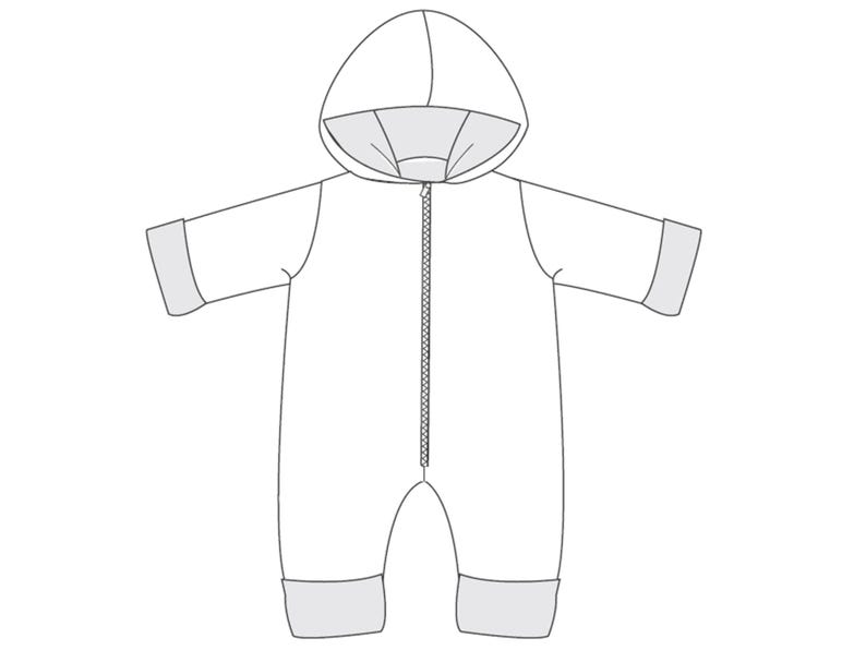 Technische Schnittzeichnung des Kapuzenoveralls, lange Front-Zip und Bündchen skizziert, baby overall schnittmuster pdf