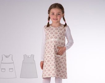 Baby Mädchen Tunika Wendekleid Schnittmuster pdf mit Tropfenausschnitt. Hängerchen mit Zierbändern und Taschen ELENA von Patternforkids