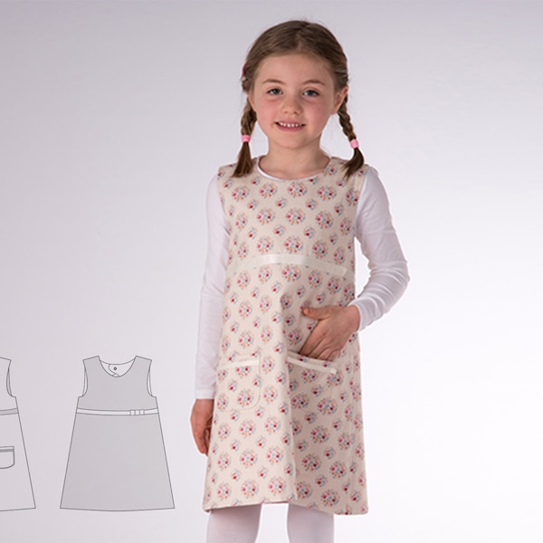 Baby girls reversible dress sewing pattern pdf with drop neckline. Tunic pinafore dress with ribbons and pockets ELENA by Patternforkids