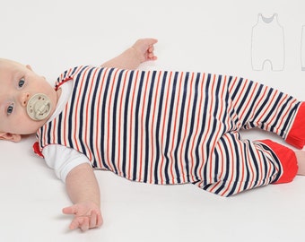 Schnittmuster Baby Strampler/Overall LEO für Mädchen oder Junge mit Beleg Beinumschlag und Druckknöpfen Größen 56-98, ebook pdf.