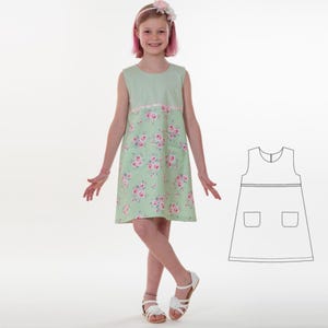 Patron de couture PDF pour robe fille GEMMA, coupe trapèze avec fermeture éclair, tailles 92/98, 152/158