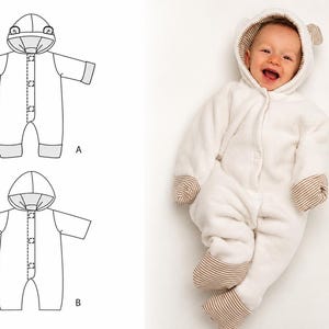 Baby Romper Pattern CASSIA – Hooded Baby Overall PDF with Ears and Fold-Over Cuffs 1m–18m