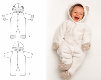 Baby Romper Pattern CASSIA – Hooded Baby Overall PDF with Ears and Fold-Over Cuffs 1m–18m