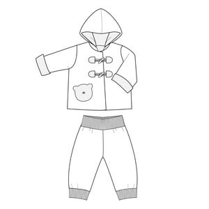 Technische Schnittzeichnung, Kapuzenjacke mit Taschen und Rippbund Hose, pdf schnittmuster babykleidung