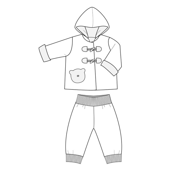 Technische Schnittzeichnung, Kapuzenjacke mit Taschen und Rippbund Hose, pdf schnittmuster babykleidung