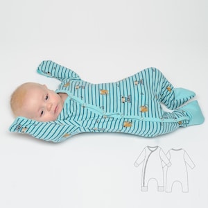 infant footed pajamas sewing pattern DAVID PDF including fold-over mitten and foot cuffs Sizes 0m-4y
