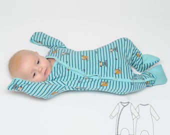 Wykrój na kombinezon/piżamę DAVID PDF z podwijanymi stopkami, mankietami rękawiczek i zatrzaskami, rozmiary 50/56-98/104