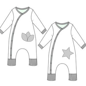 Schwarz-weiß technische Schnittzeichnung, Front und Rückansicht mit Taschenoptionen, baby strampler pdf schnittmuster für Näher