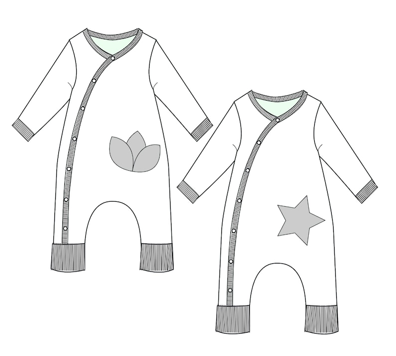 Schwarz-weiß technische Schnittzeichnung, Front und Rückansicht mit Taschenoptionen, baby strampler pdf schnittmuster für Näher