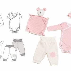Baby Layette Pattern CIELO – Wrap Bodysuit, Pants, Hat & Soft Toy PDF Set 0m–3y