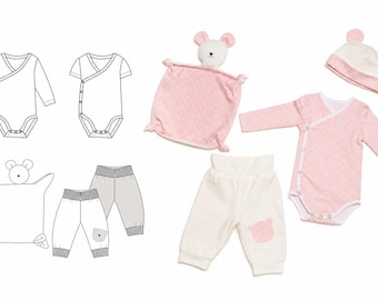Patron de couture pour ensemble bébé CIELO – body cache-cœur, pantalon, bonnet et peluche (PDF) 0-3 ans